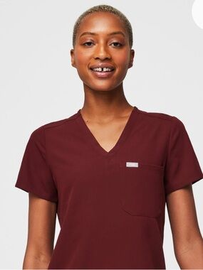 FIGS Women's Burgundy V-Neck Scrub Top with Chest Pocket